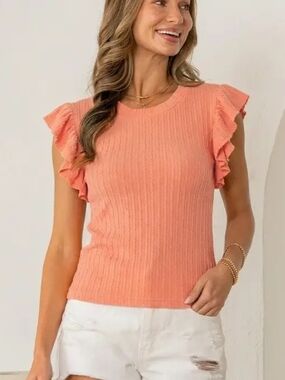 Muse Republic Clothing Women's Eyelet Ruffle Sleeve Ribbed Knit Top S